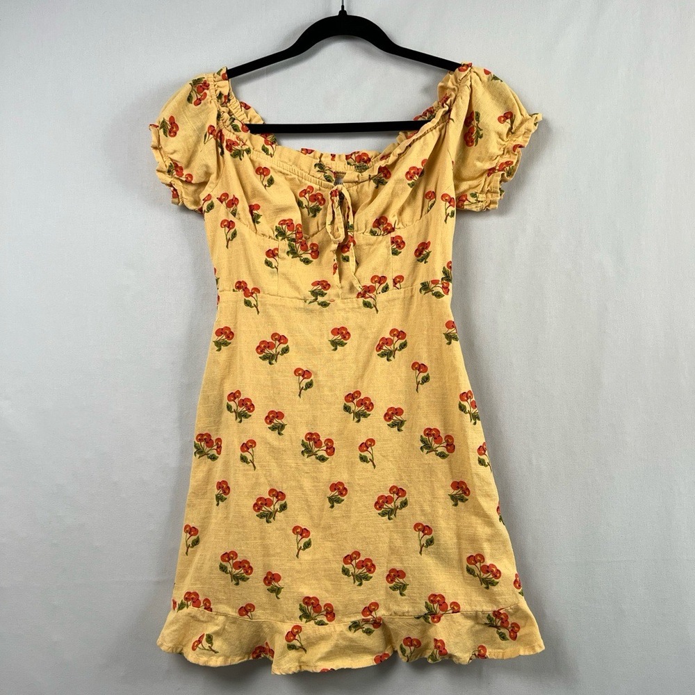 Urban Outfitters Mini Dress Small Milkmaid Cherries Off Shoulder Ruffle Yellow